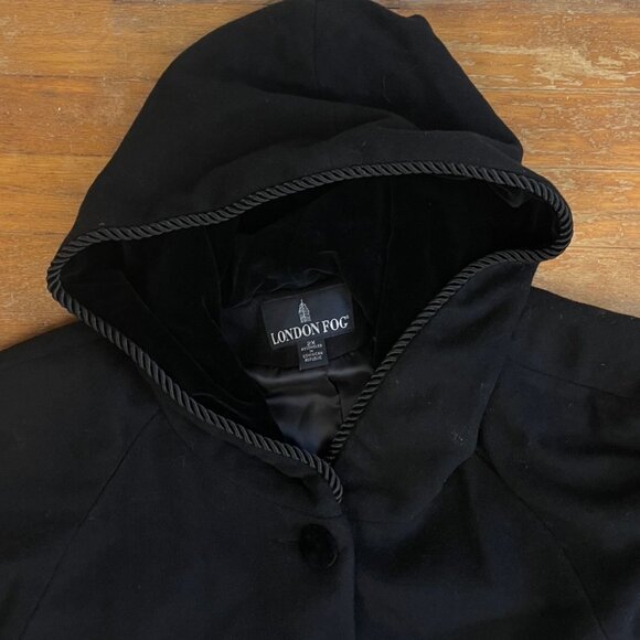 Vintage Black Wool & Cashmere Coat Plus Size 2X 1990s Velvet Trim Overcoat Gorg - Picture 2 of 8